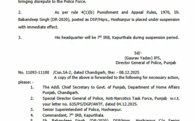 ਡੀ. ਐੱਸ. ਪੀ. ਬਬਨਦੀਪ ਸਿੰਘ ਮੁਅੱਤਲ