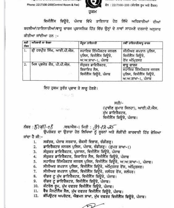 ਪੰਜਾਬ ਸਰਕਾਰ ਨੇ ਕੀਤੇ ਦੋ ਆਈ. ਪੀ. ਐਸ. ਪੀ. ਪੀ. ਐਸ. ਅਧਿਕਾਰੀਆਂ ਦੇ ਤਬਾਦਲੇ