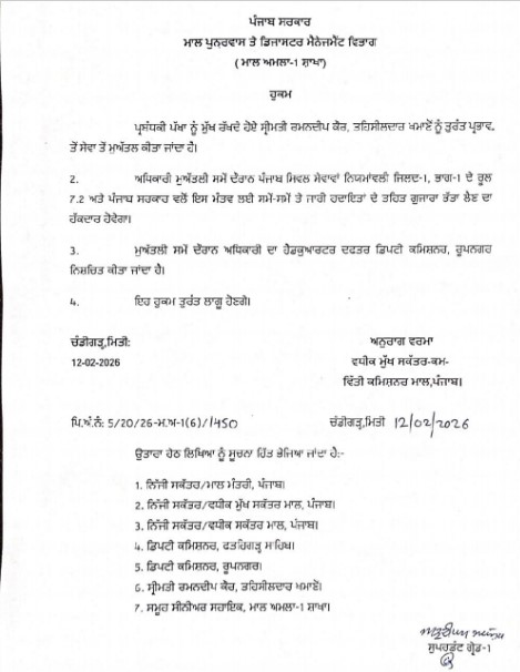 ਪੰਜਾਬ ਸਰਕਾਰ ਨੇ ਖਮਾਣੋ ਤਹਿਸੀਲਦਾਰ ਨੂੰ ਕੀਤਾ ਤੁਰੰਤ ਪ੍ਰਭਾਵ ਨਾਲ ਸਸਪੈਂਡ